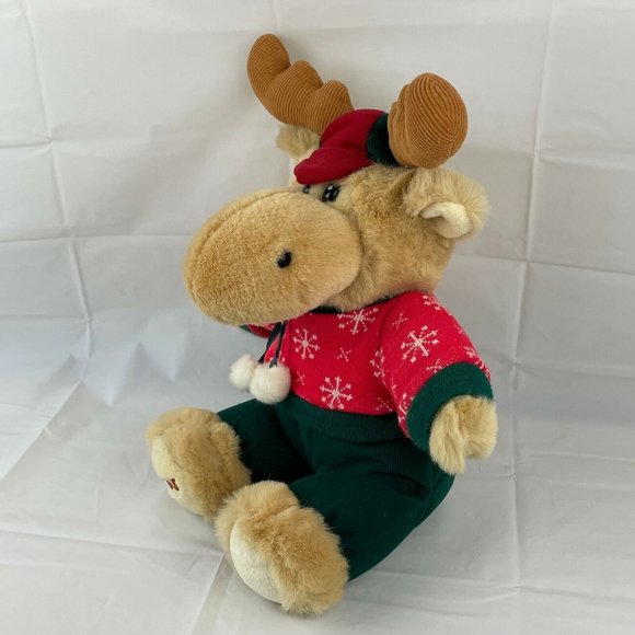 Dandee 1995 Tan Reindeer 22" Plush Red Green Christmas Sweater Corduroy Hat - Picture 4 of 7